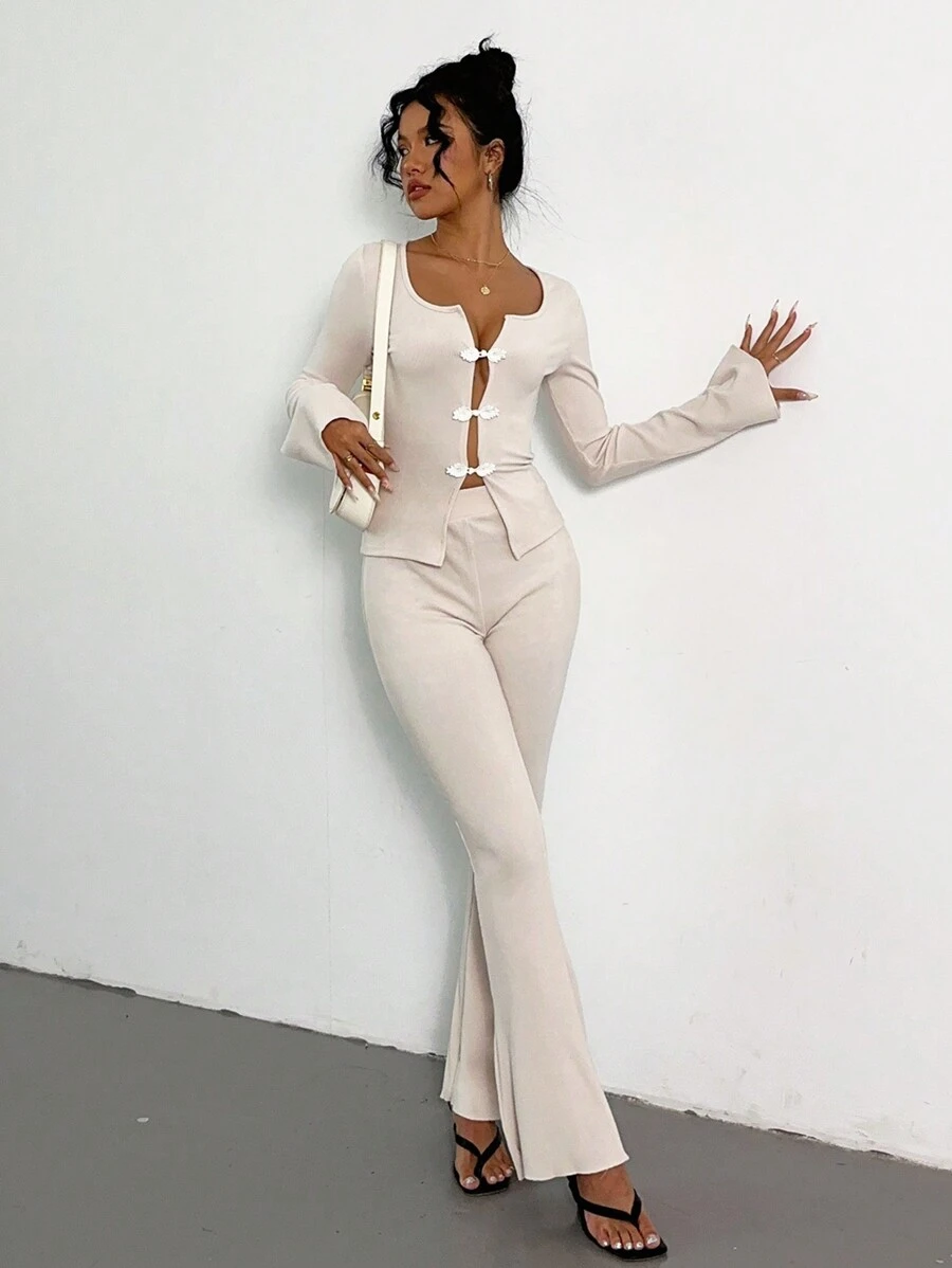 Chiquease Two-Piece Casual Commute Apricot Chinese Style Button Collar Flared Long Sleeve Top And Thick Rib Knit Pants, Warm And Comfortable Set - Apricot - View 1