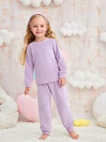 3pcs Young Girls Cute Puppy Purple Velvet Top Outfit With Vest And Pants Set, Warm Winter Loungewear - Purple - View 5