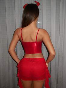 SHEIN ICON 金属涂层闪亮面料三角衬垫工字背心 - 紅色 - 查看 2