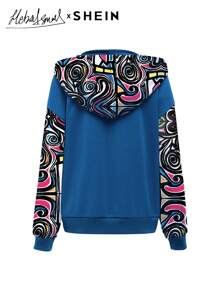 Seusyu Women's Patchwork Printed Long Sleeve Hooded Casual Sweatshirt, Fall/Winter, Casual Comfy Pullover Top - Royal Blue - View 3