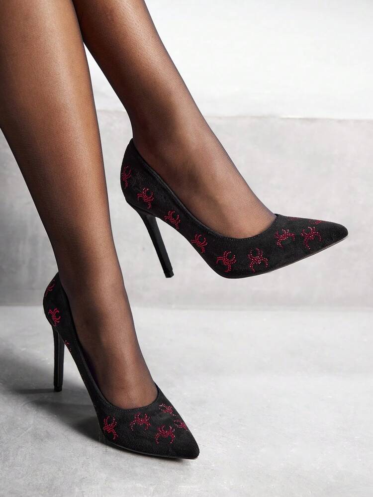 CUCCOO SZL Black, Red Rhinestone-Encrusted Spider Pattern, Pointed Toe, High Heel, Slip-On Fashion Dress Shoes For Women Halloween Witch