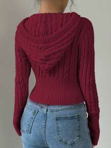 Flirla Áo khoác cardigan trơn có mũ trùm đầu có dây rút cho nữ, trang phục thường ngày thu/đông cho năm mới, áo dài tay - Đỏ - Xem 2