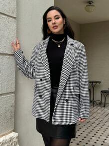 SHEIN Privé Plus Size Women Houndstooth Blazer Lapel Formal Suit - Multicolor - View 9