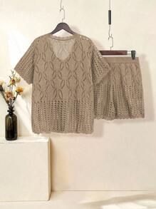 SHEIN LUNE Bộ áo cánh ren khoét lỗ màu trơn cỡ lớn và quần short buộc dây phía trước - Màu Khaki - Xem 2