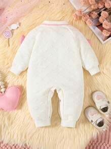 女婴舒适纹理面料爱心装饰连体衣，秋冬季 - 白色 - 查看 2