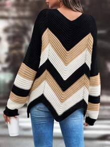 SHEIN LUNE Suéter casual sencillo de cuello redondo y manga larga con bloques de color, jersey de punto para otoño e invierno - Multicolor - Ver 2