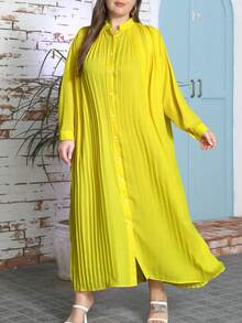 Plus Notched Neckline Batwing Sleeve Pleated Dress - Yellow - View 4