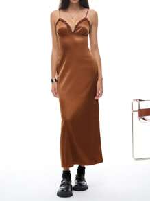 SHEIN EZwear Women's Summer Solid Color Frill Trim Maxi Slip Dress - Khaki - View 4