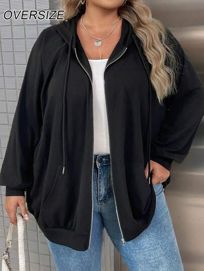 SHEIN CURVE+ 大码拉链插肩袖抽绳连帽衫、秋季上衣、秋季女装