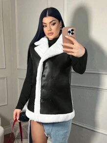 SHEIN SXY Autumn/Winter Warm Padded PU Leather & Fluffy Vest - Black and White - View 4