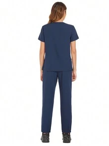 女性夏季純色V領護士制服套裝，包括T恤和褲子 - 藏蓝色 - 查看 2