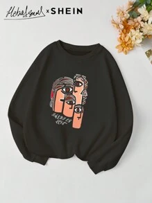 Mulvari Sudadera de cuello redondo de manga larga con estampado minimalista para mujer, conjunto de blusa informal y cómoda