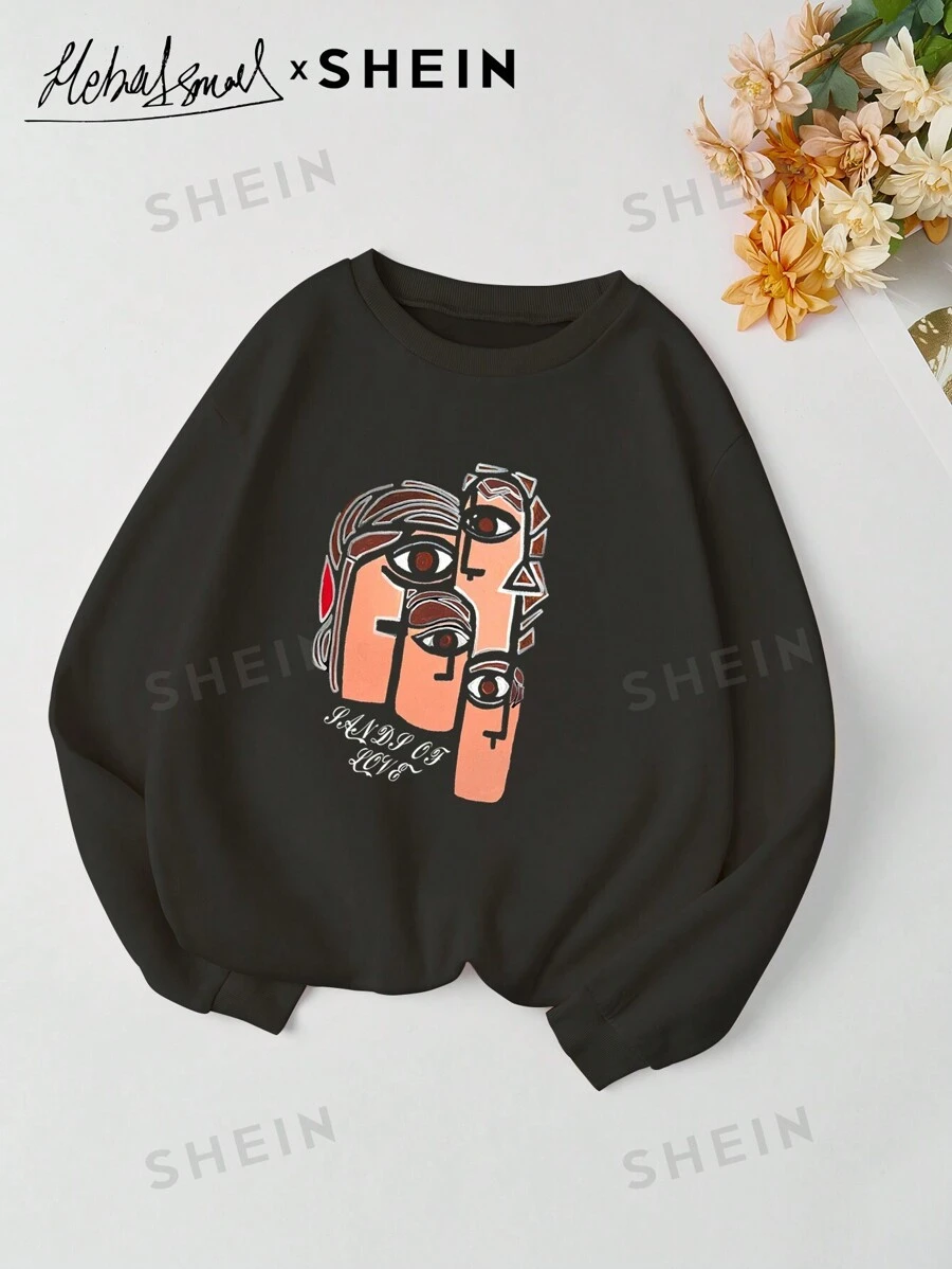 Mulvari Sudadera de cuello redondo de manga larga con estampado minimalista para mujer, conjunto de blusa informal y cómoda