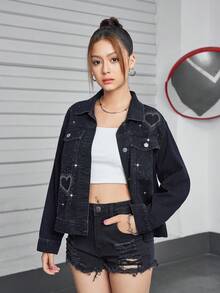 SHEIN Explorewe Teen Girls' Heart Rhinestone Decorated Denim Long Sleeve Jacket Outerwear - Black - View 7