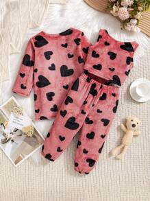 SHEIN 3 peças Conjunto de Jaqueta e Calça de Padrão de Coração Fofinho e Médio Comprimento para Bebê Menina, Outono/Inverno - Vermelho - Visão 9