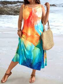 SHEIN LUNE Đầm thường ngày không tay cổ tròn cỡ lớn in hoa toàn thân - Nhiều màu - Xem 3