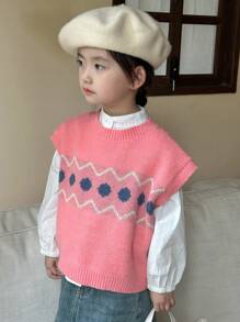 DAZY 年轻女孩几何图案圆领休闲宽松针织毛衣背心，秋冬 - 粉色 - 查看 7