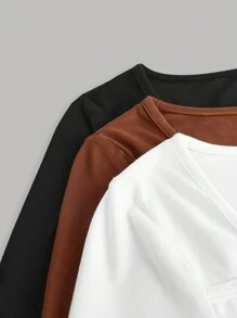 SHEIN Juego de 3 camisetas de manga larga de cuello cuadrado fruncido que combina con todo, en negro, marrón y blanco, 3 piezas, compra 1 y llévate 2 gratis para adolescentes