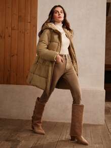 Anewsta Women's Elegant Solid Color Long Padded Coat, Fall/Winter - Khaki - View 4