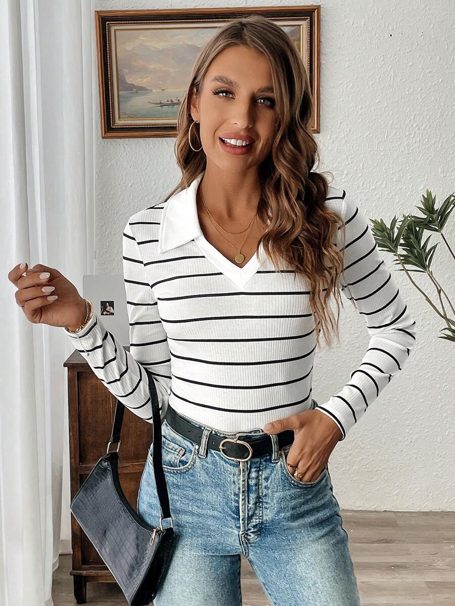 SHEIN LUNE Women's Turndown Collar Black & White Striped Casual Sports Long Sleeve T-Shirt Fall Women Clothes Winter Clothes Business Casual Woman Western Woman Attire Teacher Clothes Work Wear Teacher Tee Shirt Basic Top Country Tops Travel Outfit Airport