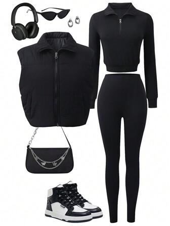 SHEIN 3 st/set coola sportyogakläder för tonårsflickor, inklusive kort linne, tight baslagertopp och tighta leggings, höst/vinter