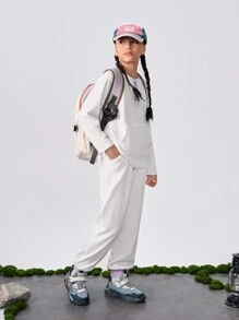 SHEIN 少女冬季毛绒套头卫衣和运动裤套装，休闲撞色运动套装，适合学校、街头和日常穿着 - 白色 - 查看 1