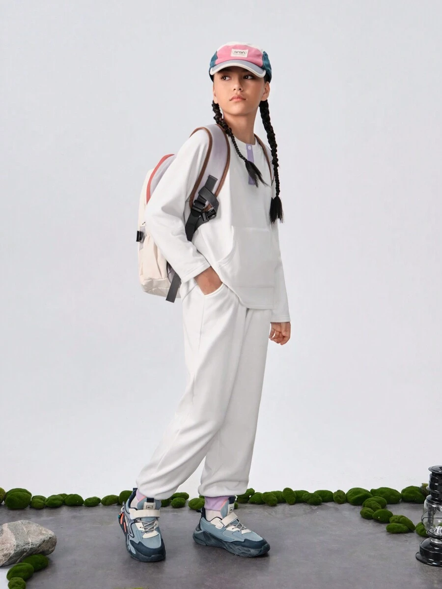 SHEIN 少女冬季毛绒套头卫衣和运动裤套装,休闲撞色运动套装,适合学校、街头和日常穿着 - 白色 - 查看 1