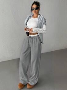 SHEIN EZwear 女士休闲宽松针织阔腿运动裤，灰色 - 深灰色 - 查看 4