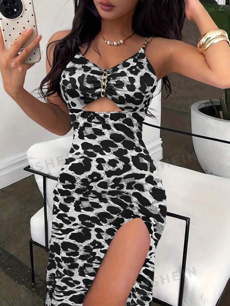 SHEIN Prive Women s Metallic Chain Strap High Slit Leopard Print Knit Camisole Dress SHEIN USA