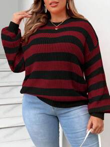 Nubod Suéter casual de cuello redondo, hombros caídos y manga larga con diseño de rayas para mujer de talla grande, para otoño/invierno - Burdeos - Ver 6