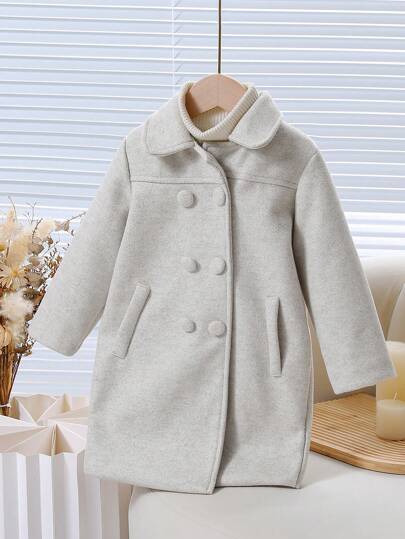 Elladie kids 年轻女孩简约休闲立领宽松中长款纯色羊毛冬季外套