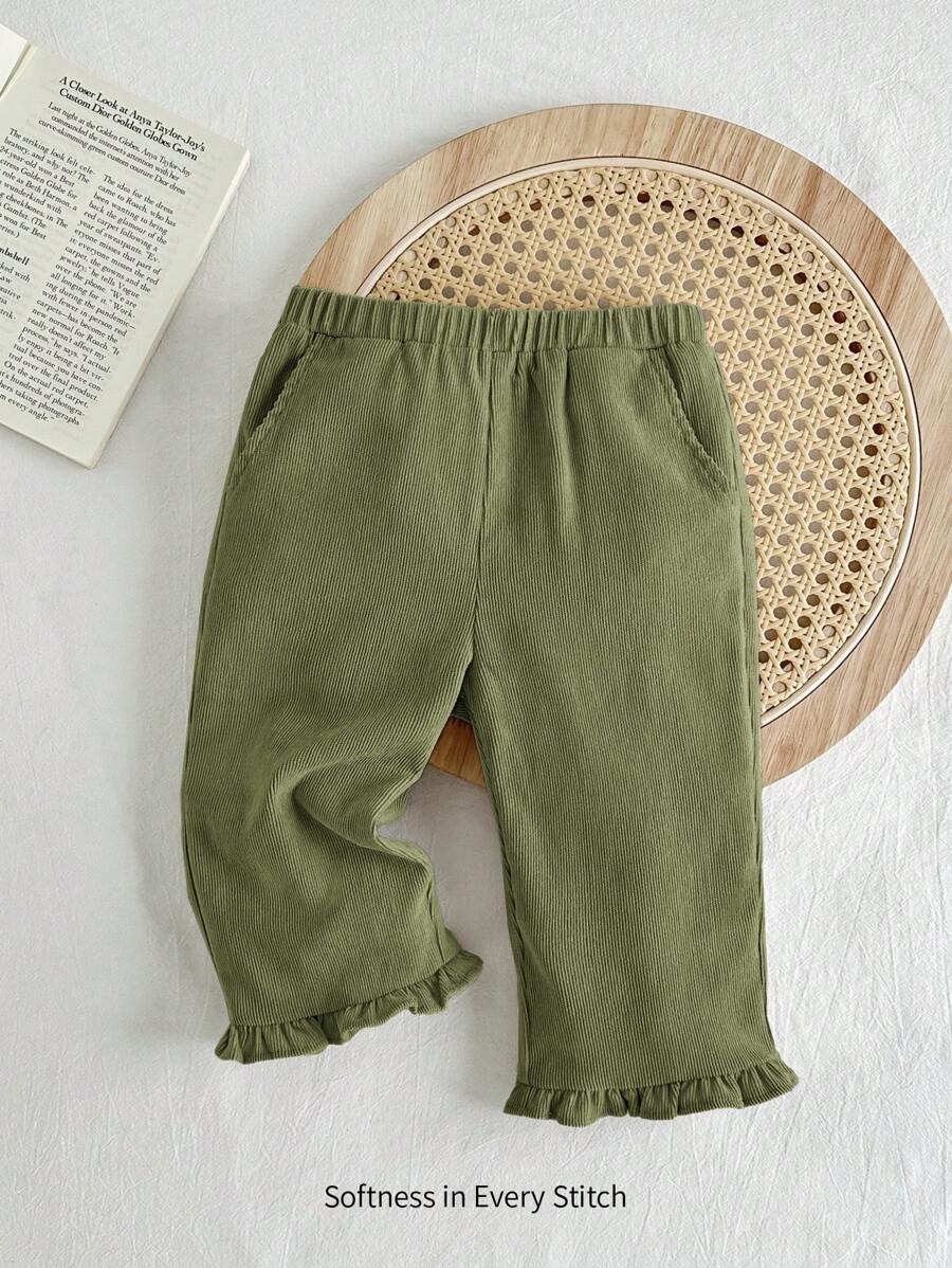 Cozy Pixies Baby Girl Casual Olive Green Elastic Waist Ruffle Hem Solid Color Pants - Army Green - View 1