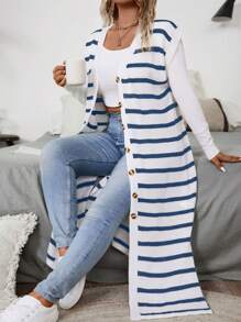 Franclia 大码女款条纹撞色长款开衫 - 彩色 - 查看 3