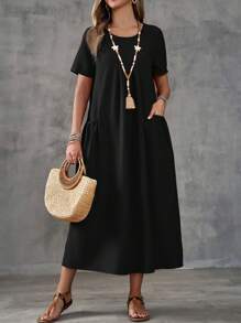 EMERY ROSE Women Solid Color Dual Pocket Casual Beach Dress - Black - View 6