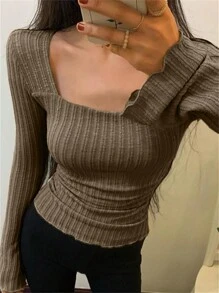 INAWLY 女式纯色方领长袖罗纹休闲 T 恤，春夏 - 棕色 - 查看 3