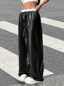 SHEIN EZwear Women's Contrast Color Lace-Up Leather Wide-Leg Casual Leather Pants