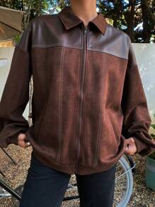 DAZY 女士纯色拼接长袖前拉链极简夹克，休闲日常穿着，秋季服装皮夹克 - 咖啡棕 - 查看 5