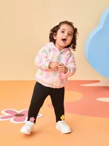 SHEIN 2pcs Baby Girls' Floral Print Hoodie Sweatshirt And Pants Set With 3D Small Flowers, Cute Outfit For Outdoor