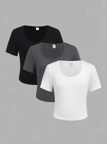 SHEIN 3pcs Tween Girls Casual Solid Color Crew Neck Short Sleeve Tops Set - Dark Grey - View 1