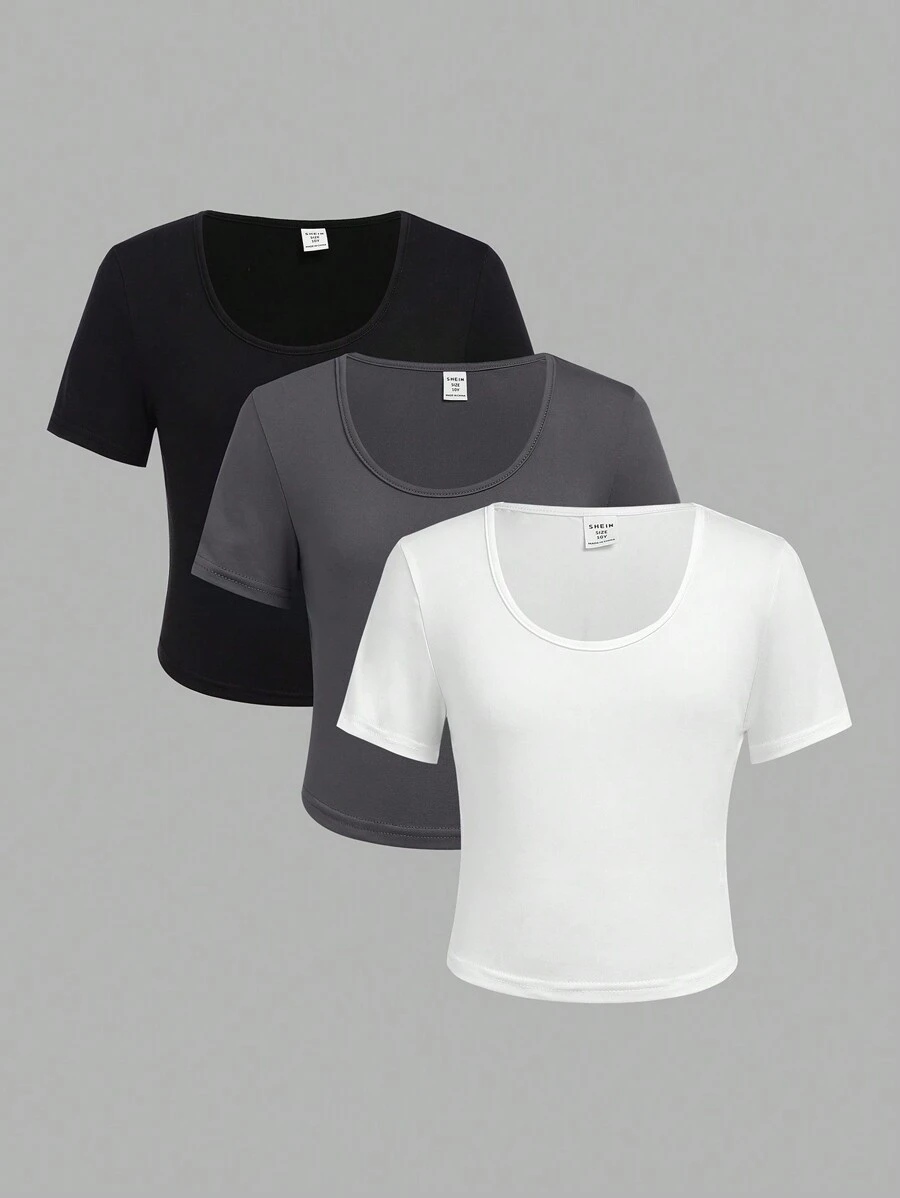 SHEIN 3pcs Tween Girls Casual Solid Color Crew Neck Short Sleeve Tops Set - Dark Grey - View 1