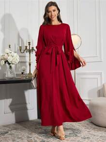 Modelyn Women 3D Flower Decor Round Neck Long Sleeve Arabian Solid Color Tie Front Modest Dress Long Evening Dresses - Red - View 6