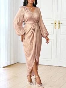 SHEIN Lady 四季/婚礼宾客/服装/舞会礼服/金色礼服/晚宴服装/金色裹身裙女士长裙派对优雅 - 金色 - 查看 6