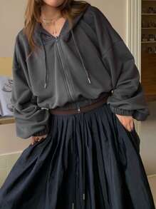 DAZY Áo hoodie trơn màu rộng rãi có khóa kéo cho nữ, mùa thu - Xám - Xem 5