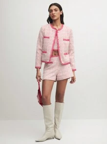 BizChic Red Plaid Fitted Opened Front Top Fall Outfits - Red and White - View 5