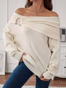 Chiquease Women's Solid Color Minimalist Daily Off-Shoulder Long Sleeve Sweater, Knit Pullover Fall Winter - Apricot - View 3