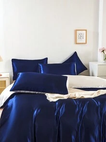 Bộ chăn ga gối đệm bằng vải satin lụa hai tông màu xanh navy trắng cao cấp 3 món, mềm mại, thoáng khí, không nhăn, tốt hơn cho giấc ngủ, phong cách khách sạn sang trọng, quà tặng cho bạn bè bố mẹ, chăn bông kèm vỏ chăn * 1 vỏ gối * 2 - Màu xanh hải quân - Xem 5