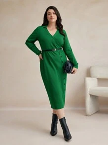 BizChic Váy len dài tay đơn giản màu trơn cỡ lớn, trang phục mùa thu cho nữ, trang phục mùa đông cho nữ, váy dài tay - màu xanh lá - Xem 5