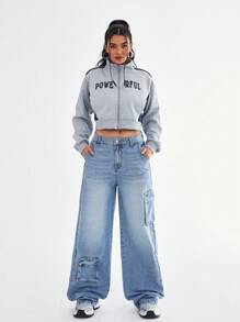 SHEIN EZwear Quần Jeans Denim Thường Ngày Nhiều Túi Cài Nút Phía Trước Đơn Giản Cho Nữ - Màu xanh lam - Xem 8