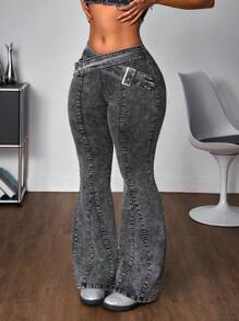 SHEIN ICON Women's Denim Flared Jeans With Eyelet & Criss-Cross Strap Details