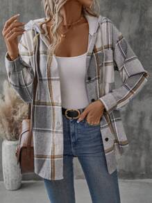 EMERY ROSE Women's Plaid Drop Shoulder Long Sleeve Pocket Drawstring Hooded Jacket, Spring Autumn Fall Winter Cloth For Women - Multicolor - View 6